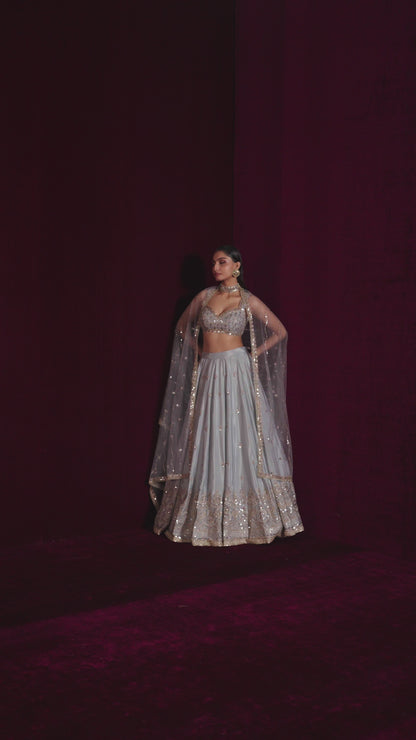 Grey Embroidered Silk Lehenga