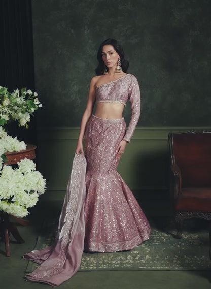 Light Purple Fishcut Embroidered Lehenga