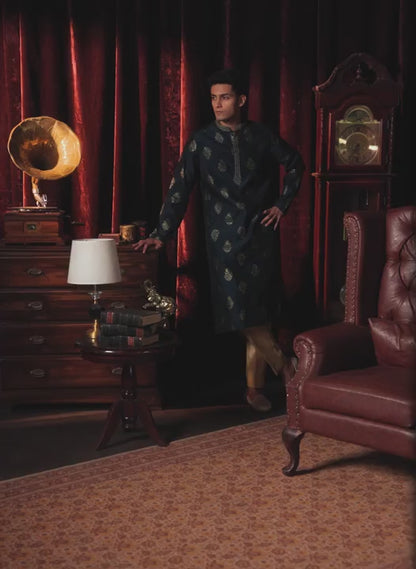 Navy Blue Foil Printed Kurta Set