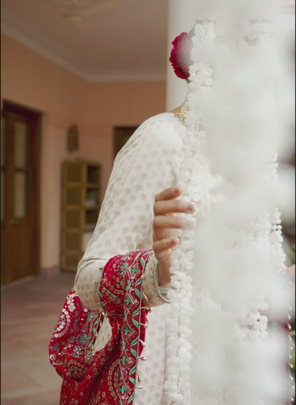 Off White and Red Embroidered Anarkali