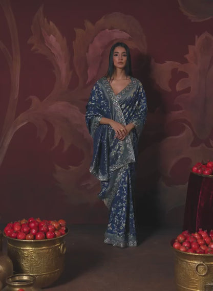 Peacock Blue Embroidered Brocade Saree