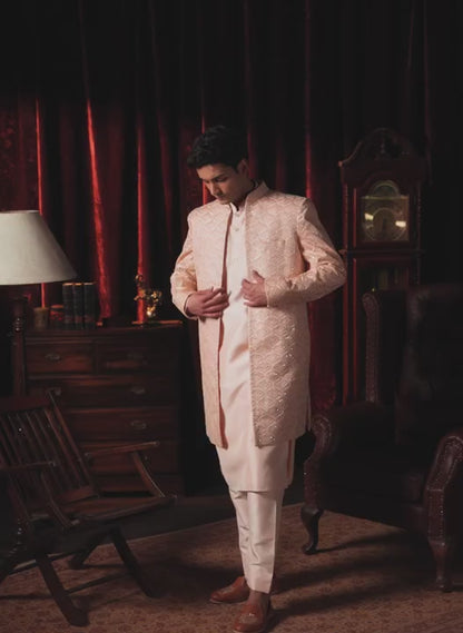 Nude Pink Embroidered Silk Sherwani Set