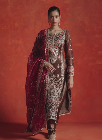Dark Maroon and Maroon Embroidered Straight Suit