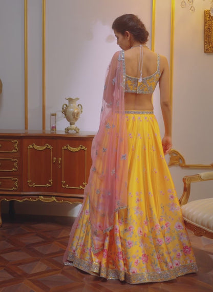 Yellow and Pink Floral Printed Lehenga
