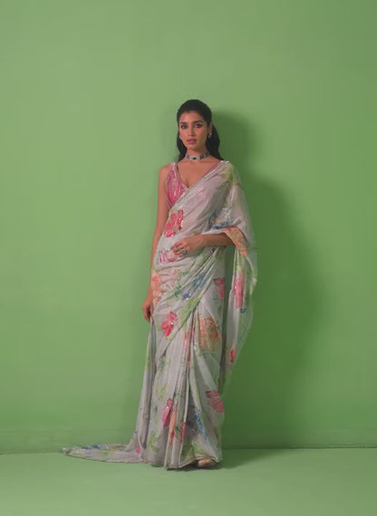 Soft Blue Multicolor Floral Printed Saree