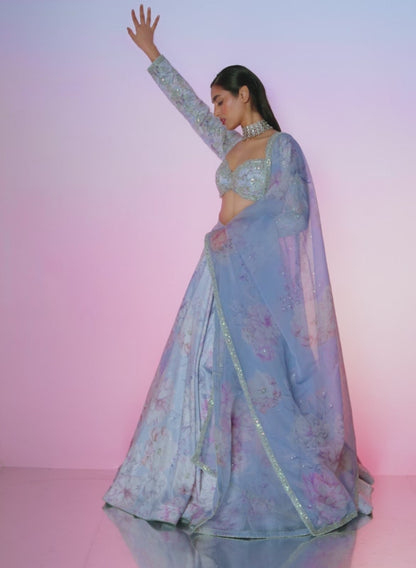 Light Dusty Periwinkle Floral Embellished Lehenga