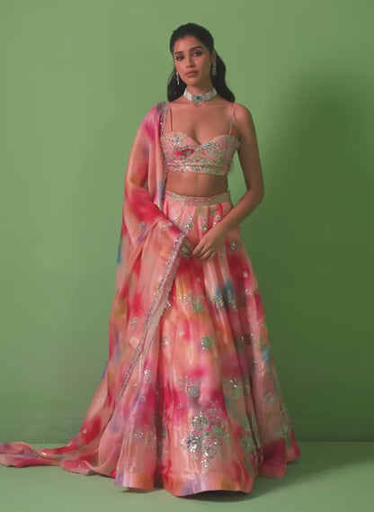 Peach Multicolor Tie-Dye Embroidered Lehenga