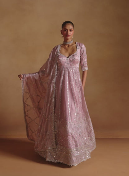 Mauve Embroidered Tissue Anarkali
