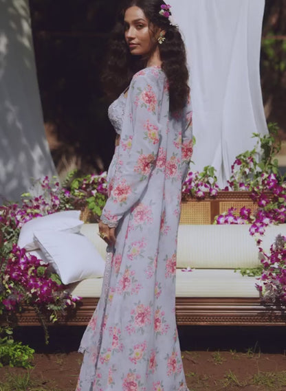 Grey Floral Embroidered Pant Set With Jacket