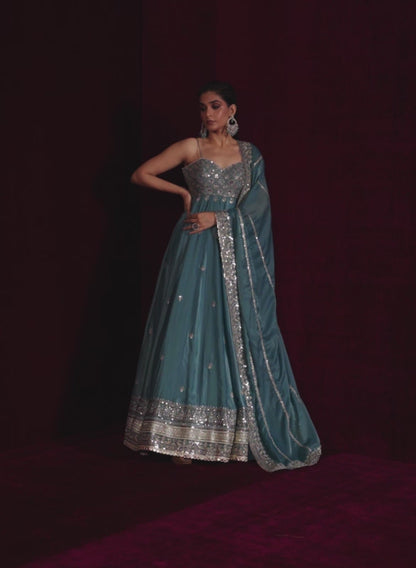 Light Blue Embroidered Silk Anarkali