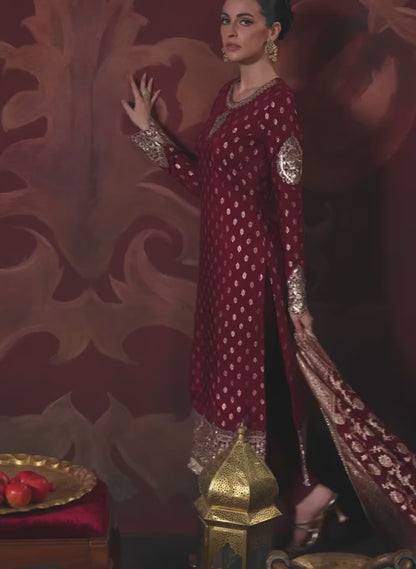 Maroon Embroidered Brocade Pant Suit