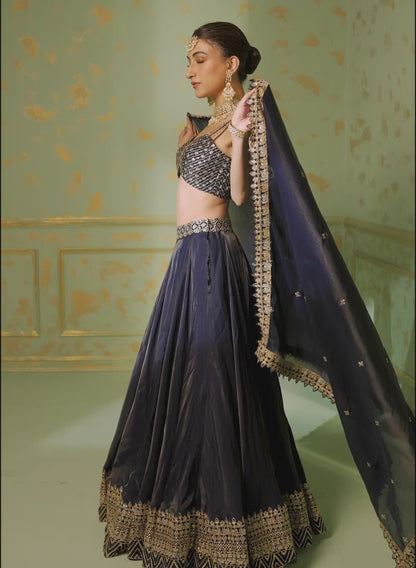 Navy Blue and Gold Embroidered Lehenga