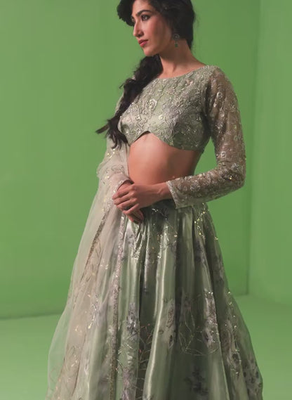 Sage Green Floral Printed Organza Lehenga
