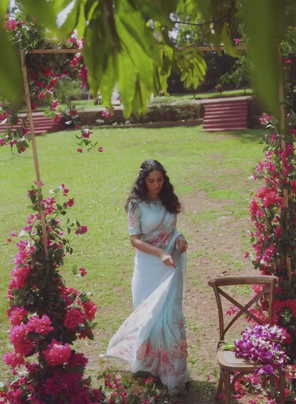 Mint Blue Multicolor Floral Printed Saree