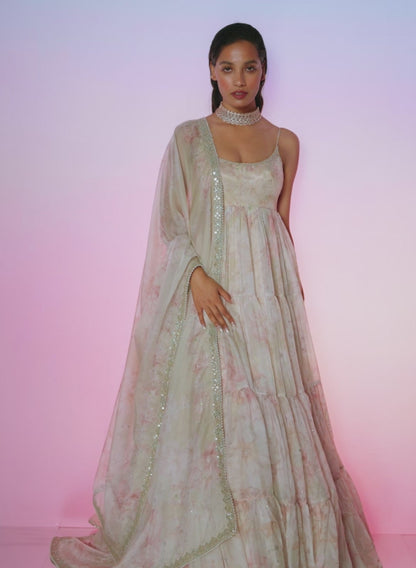 Beige Floral Embellished Anarkali