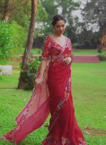 Red Multicolor Floral Embroidered Saree