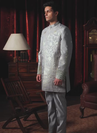 Grey Foil Printed Sherwani