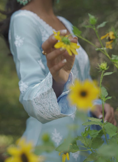 Light Blue Embroidered Cotton Straight Suit