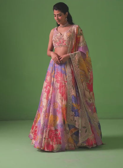Multicolor Floral Printed Organza Lehenga