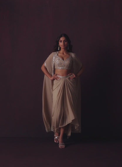 Beige Embroidered Georgette Dhoti Style Set