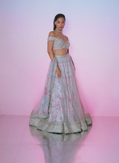 Dusty Blue and Pink Floral Embellished Lehenga
