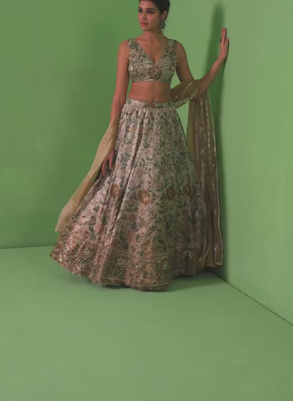 Light Beige Floral Printed Organza Lehenga