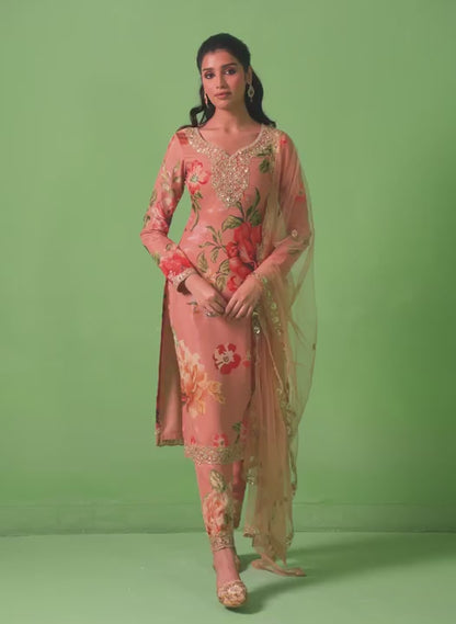 Dusty Salmon Floral Printed Pant Suit