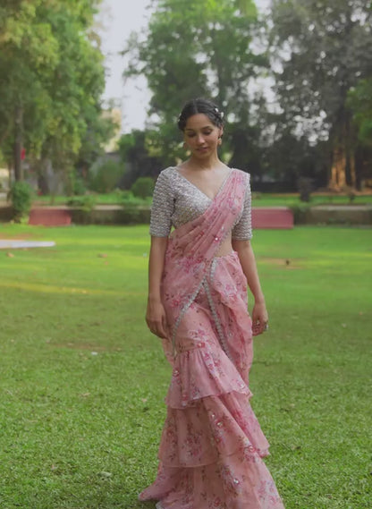Light Pink Floral Embroidered Ruffled Saree