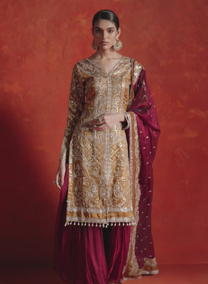 Mustard and Mulberry Embroidered Sharara Suit