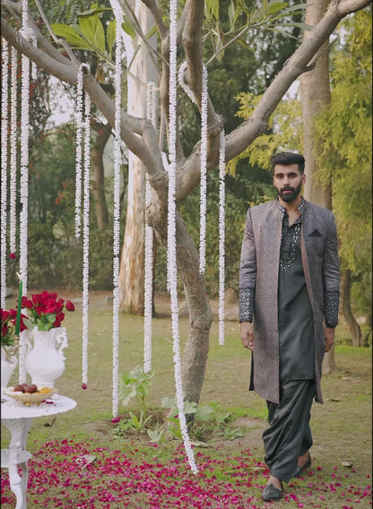 Black and Pink Embroidered Sherwani Set