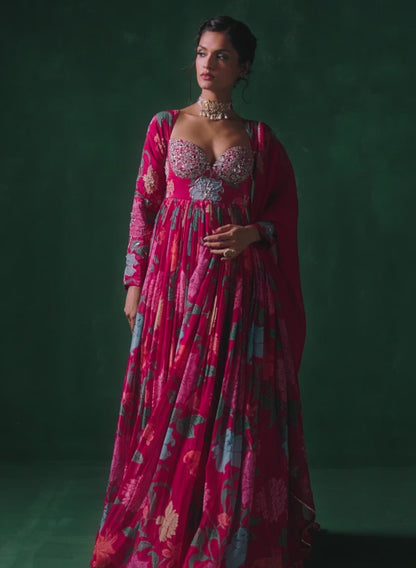 Pink Multicolor Floral Printed Anarkali