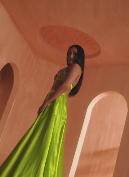 Lime Green Embroidered Satin Lehenga