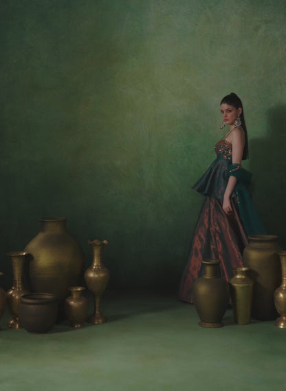 Dark Teal Embroidered Peplum Style Lehenga