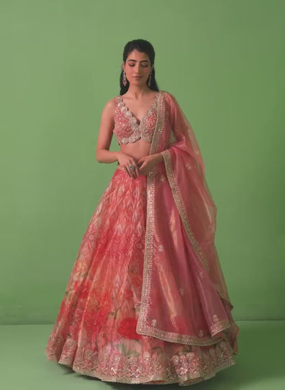 Peach Multicolor Floral Printed Organza Lehenga