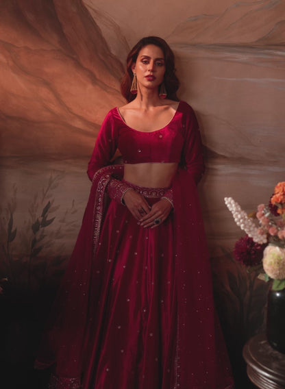 Hot Pink Embroidered Velvet Lehenga