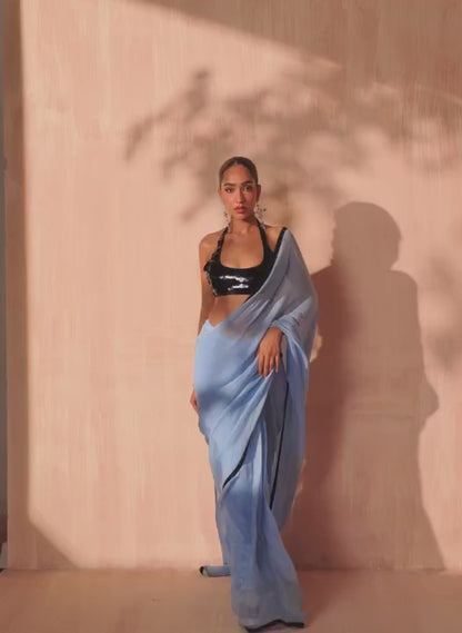 Dusty Blue and Black Embroidered Saree