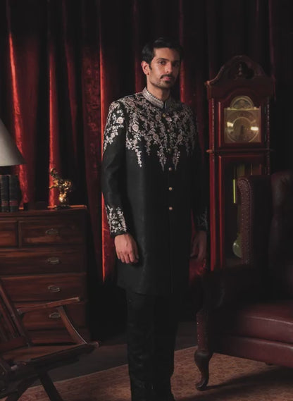 Black and Gold Embroidered Satin Sherwani