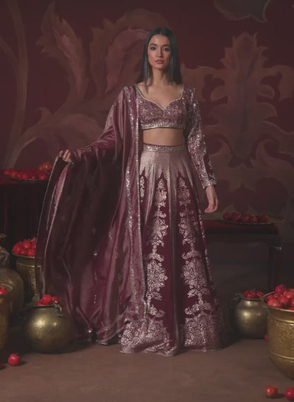 Wine Embroidered Brocade Lehenga