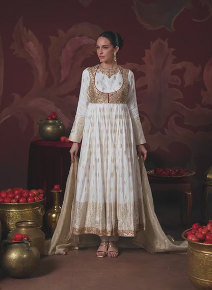 Off White Embroidered Brocade Anarkali