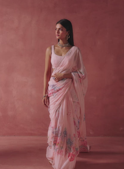 Peach Floral Printed Chiffon Saree