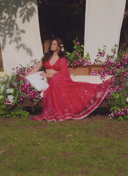 Hot Pink Floral Embroidered Lehenga