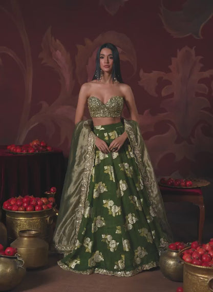 Olive Green Embroidered Brocade Lehenga