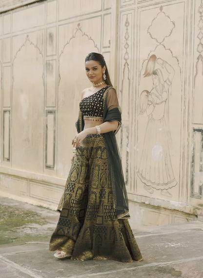 Black and Gold Embroidered Pant Set