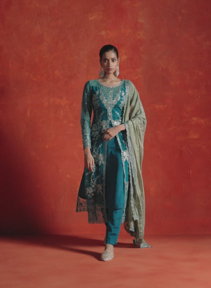 Teal Embroidered Crepe Silk Straight Suit