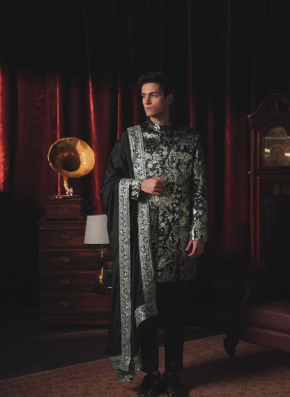 Black Foil Printed Sherwani Set