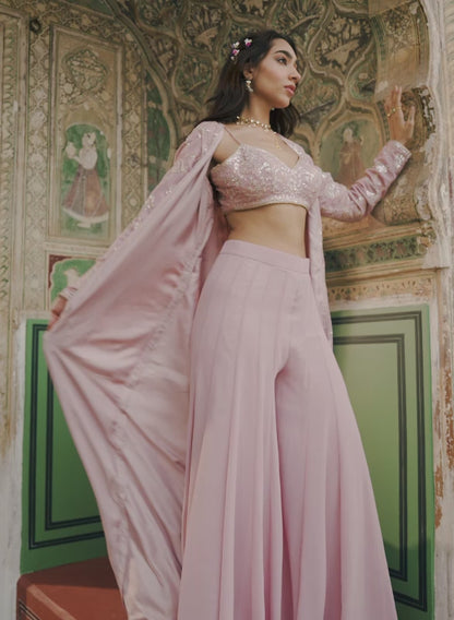 Dusty Rose Embroidered Jacket Style Sharara