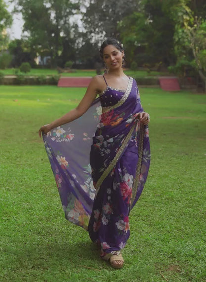 Purple Multicolor Floral Printed Saree