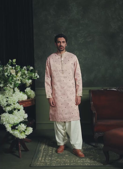 Peach Embroidered Silk Kurta Set