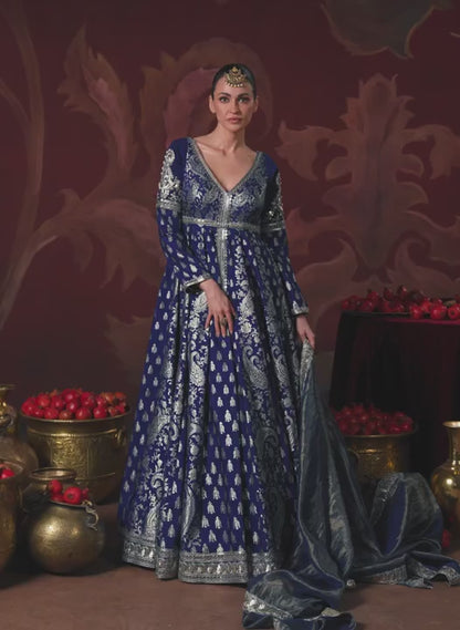 Navy Blue Embroidered Brocade Anarkali