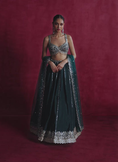 Teal Green Embroidered Lehenga